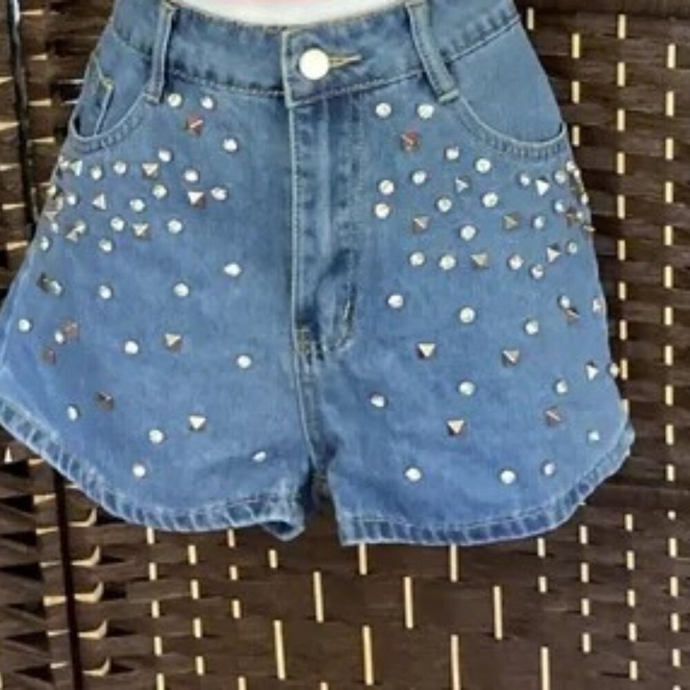Rhinestone Front Denim Shorts